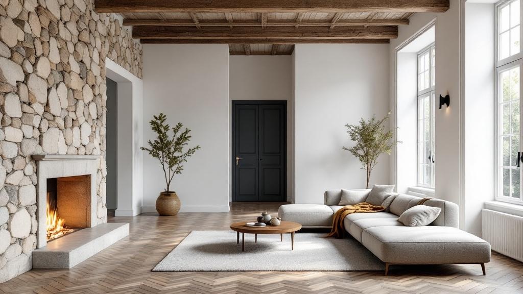Salon rénové avec parquet et mur en pierre, prix rénovation au m2